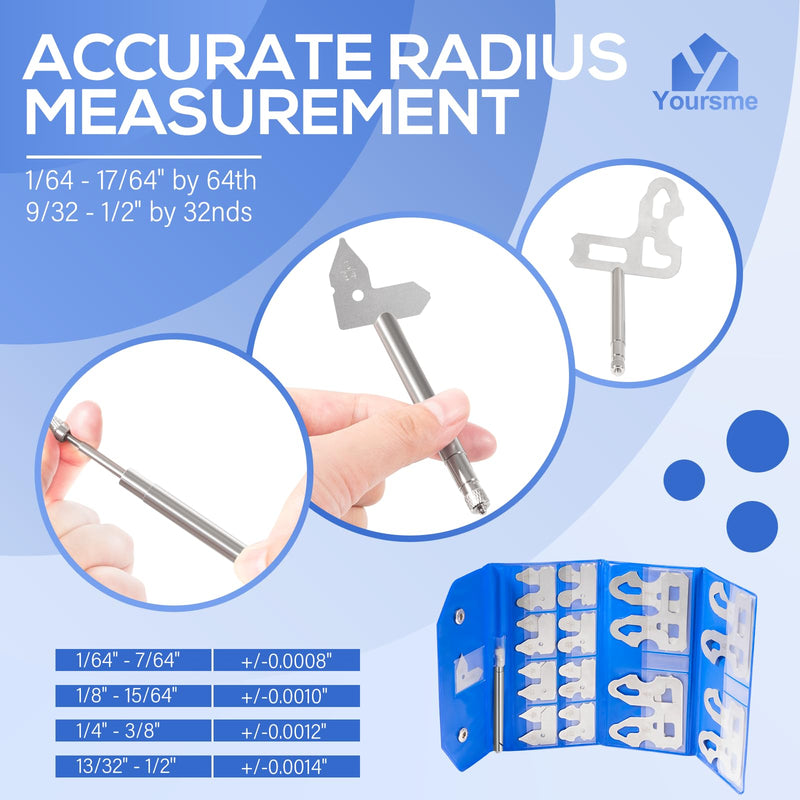 25 PCS Radius Gauge Set 1/64" - 1/2" with Holder, Come with Stainless Steel Radius Measuring Tool, 3602-5021 Radius Gauge Set