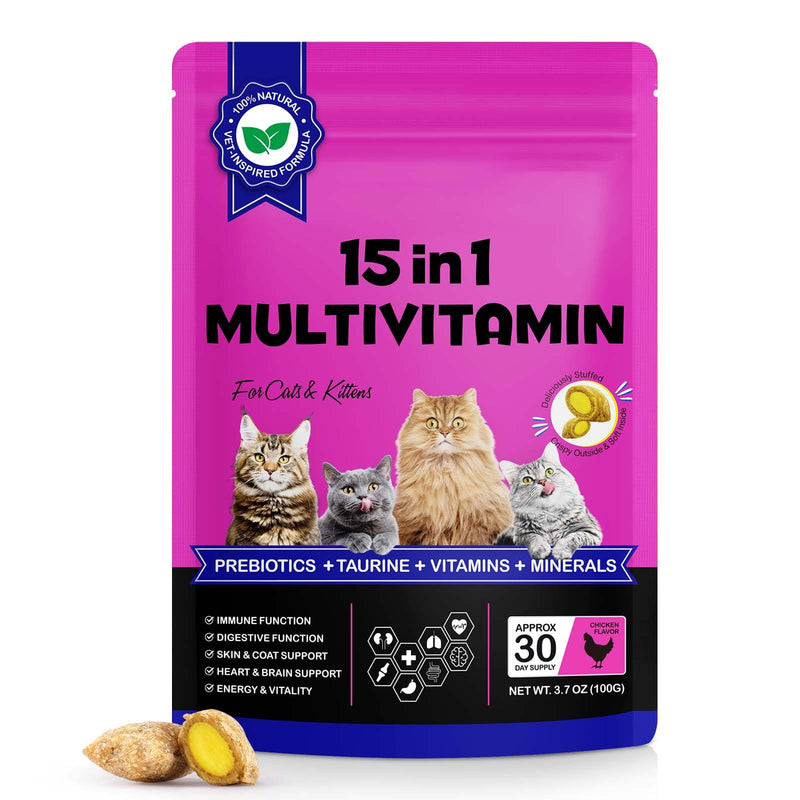 Cat Multivitamin Chews,15 in 1 Cat Vitamins Treats with Multivitamin, Taurine, Omega 3, Biotin, Prebiotics for Immune Support, Skin & Coat, & Digestion