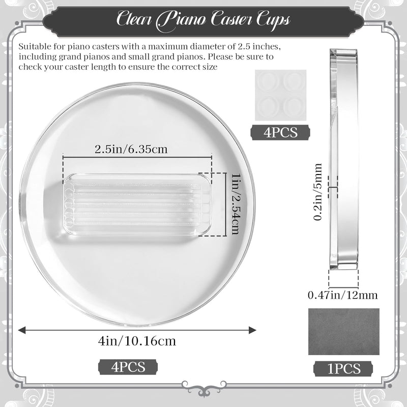 4 Pcs Clear Piano Caster Cups for Grand Pianos and Baby Grand Pianos, Piano Leg Floor Protection Pad Compatible with Hardwood Floor and Carpet (4) 4 4"