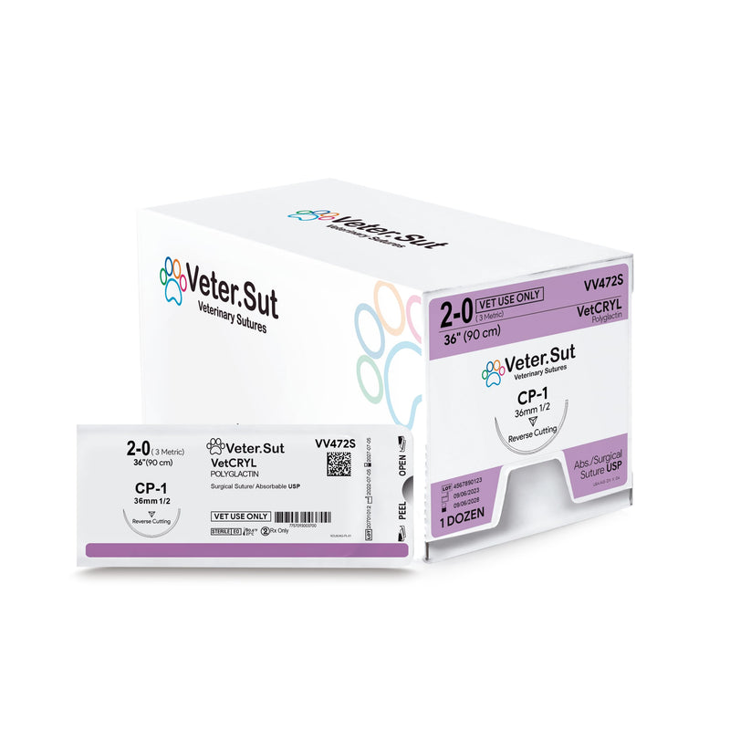 VeterSut VetCRYL Absorbable Polyglactin Surgical Suture USP Size 2-0, (CP-1) 1/2 36mm Reverse Cutting Needle, 36 Inches (90 cm), 12 Count, Veterinary Use - NewNest Australia