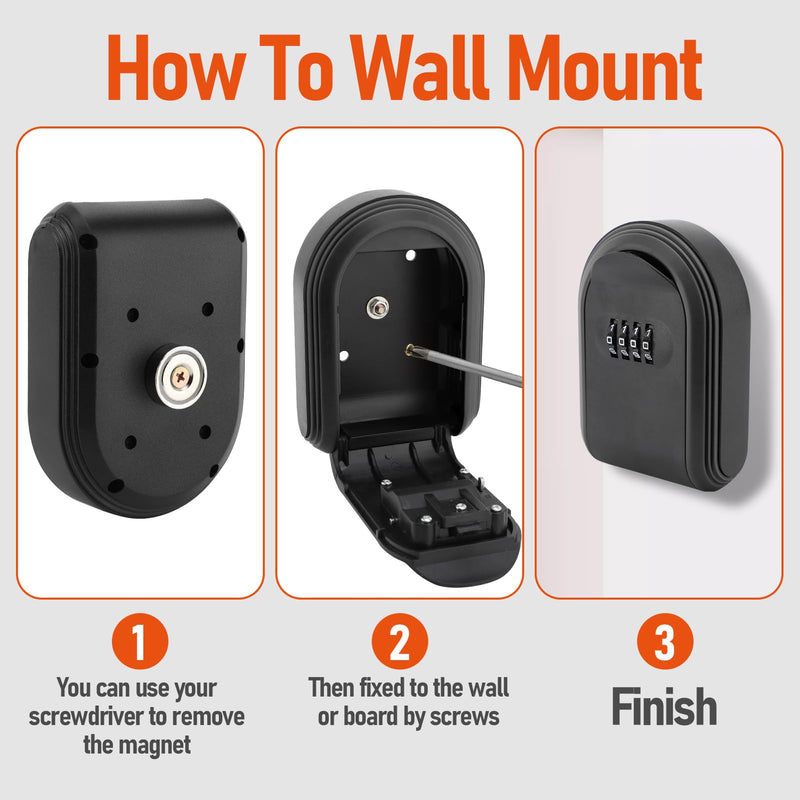 Magnetic Key Lock Box Under Car, 4 Digit Combination Key Holder with Strong Magnet, Wall Mounted Security Lock Box, Key Box Organizer with Bags for Indoor Outdoor Black