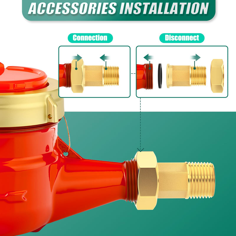 Hot Water Meter, 3/4" NPT Thread Couplings, with Brass Coupling Pipe Fitting, Horizontal Install, for use in Home hot Water Systems