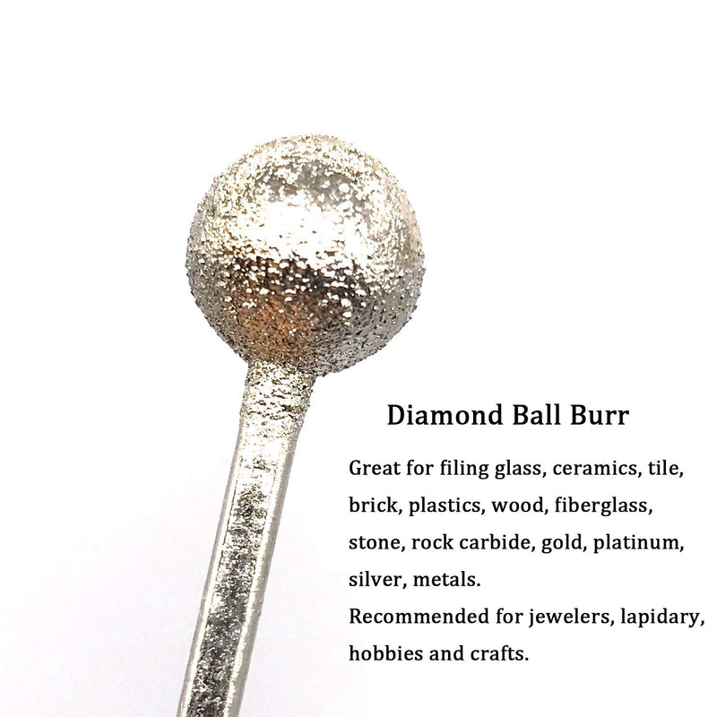 10Pcs Diamond Mounted Point, 12mm Ball Head, 3mm Shank, Diamond Grinding Bit Rotary Burrs, for Jade Stone Jewelry Ceramic Carving Polishing