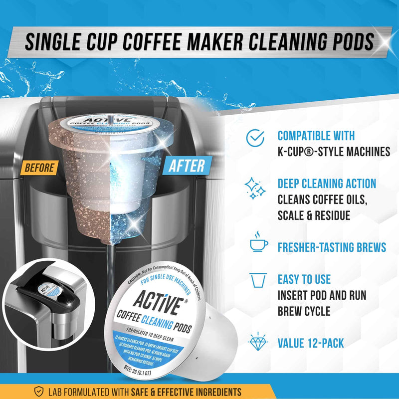 ACTIVE K-Cup Compatible Keurig Cleaning Pods - Quick-Rinse Cleaners for Single Serve Coffee Machine, 12 Month Coffee Maker Cleaner Kit, Brewer Clean Cups for Keurig 1.0, 2.0, Mini Machines - 12 Pack