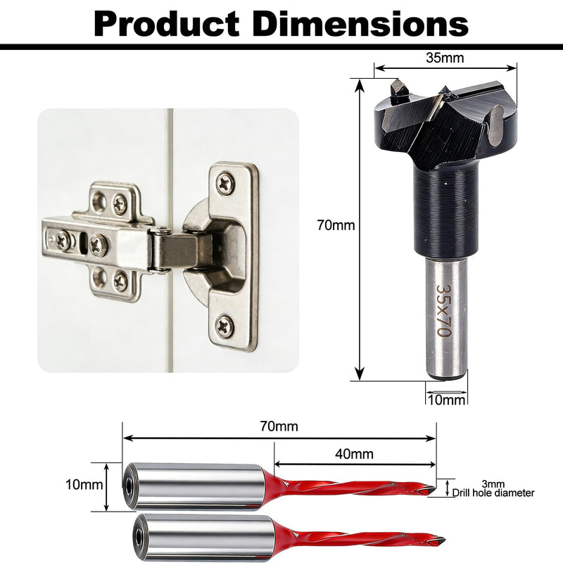 ADWAN Hinge Boring Drill Bit Set 3PCS, 1x 35mm Forstner Bit & 2X 3mm Brad Point Bits, 70mm Total Length, Tungsten Carbide Tipped, Replacement Parts for Hinge Boring Machine & Woodworking Drill Press 3mm/35mmx70mm