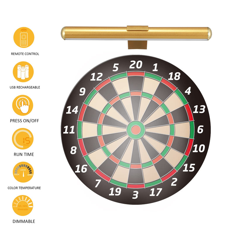 Wireless Picture Light Battery Operated,Rechargeable Painting Light with Remote Control, Metal Art Light Display Lamp,3 Modes,Dimmable Dartboard Light with Timer for Frame Gallery,300LM, Gold 13inch-Gold