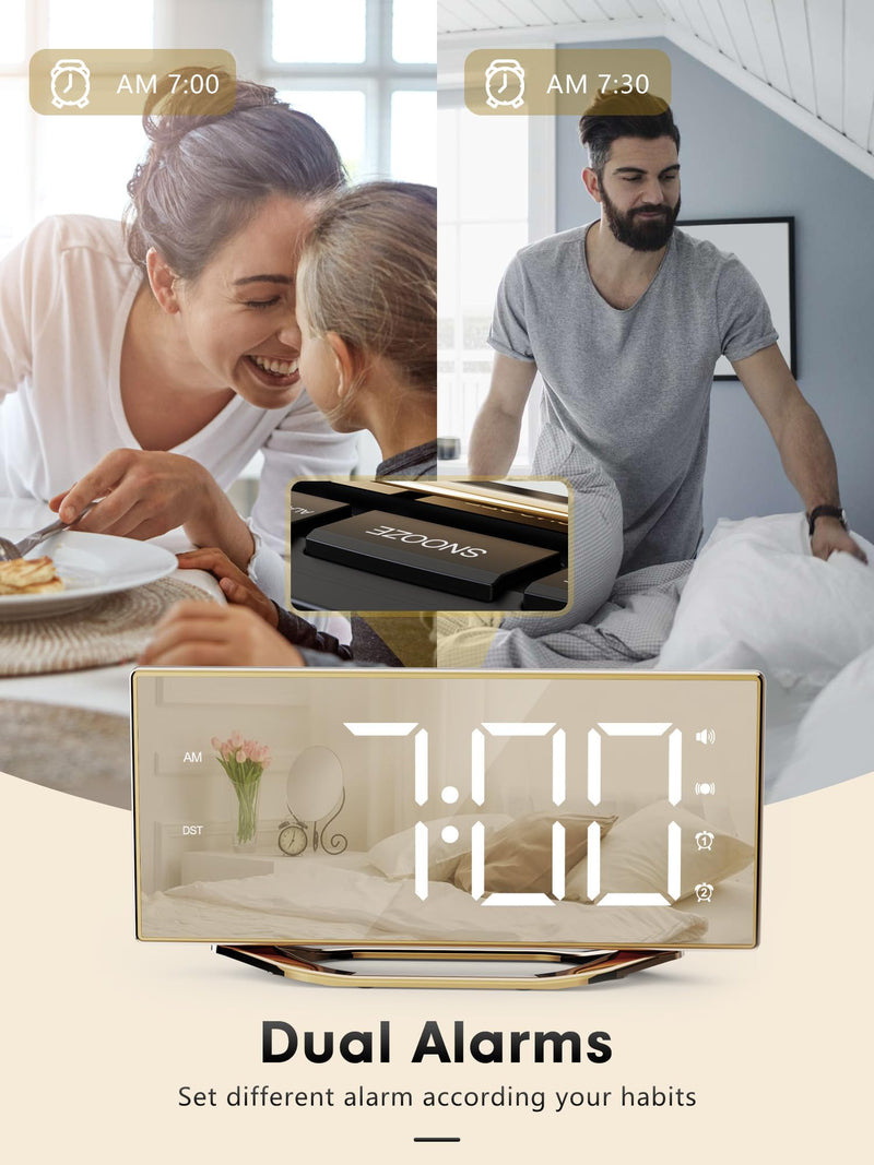 Loud Alarm Clock for Heavy Sleeper, 2 Alarms Big Display Clock with Bed Shaker for Hard of Hearing Deaf,Plug in Bedroom Mirror Clock,Phone Charger,Dimmer,Simple Digital Clock for Senior Adult Teen Kid Gold Surface(with Bed Shaker)