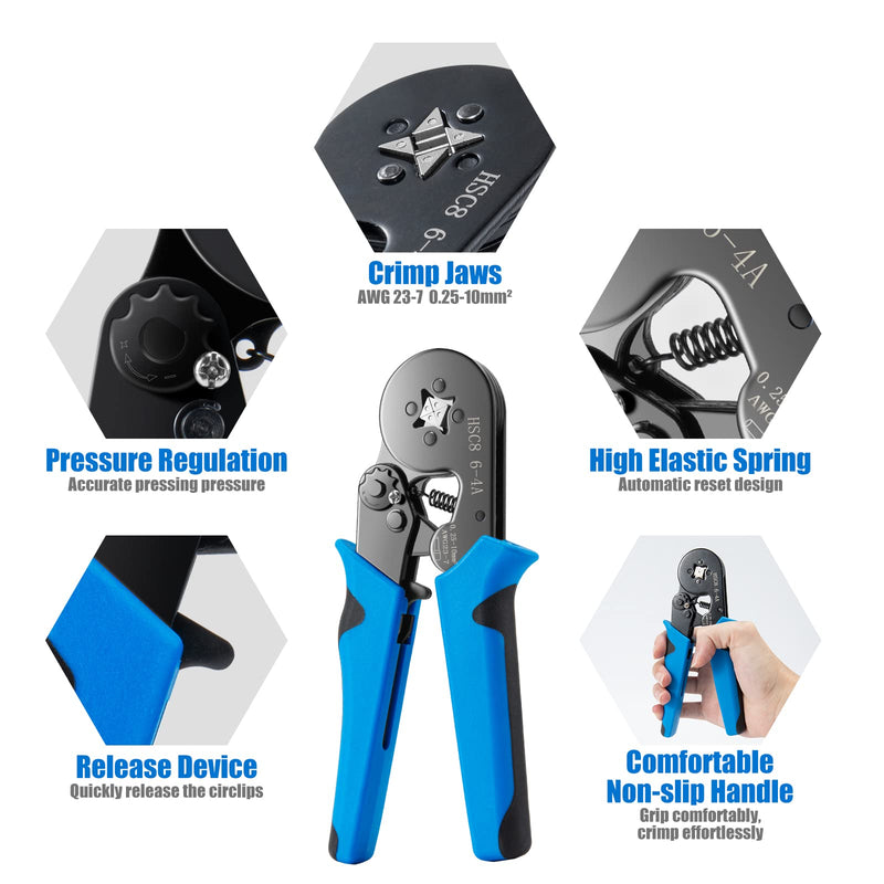 Ferrule Crimping Tool Kit, LUNEY Crimper Plier with 1250PCS Wire Ferrules Kit Wire End Terminals, Self-adjustable Ratchet Tool Set for AWG 23-7 Cable connectors, 0.25-10mm² HSC86-4+1250