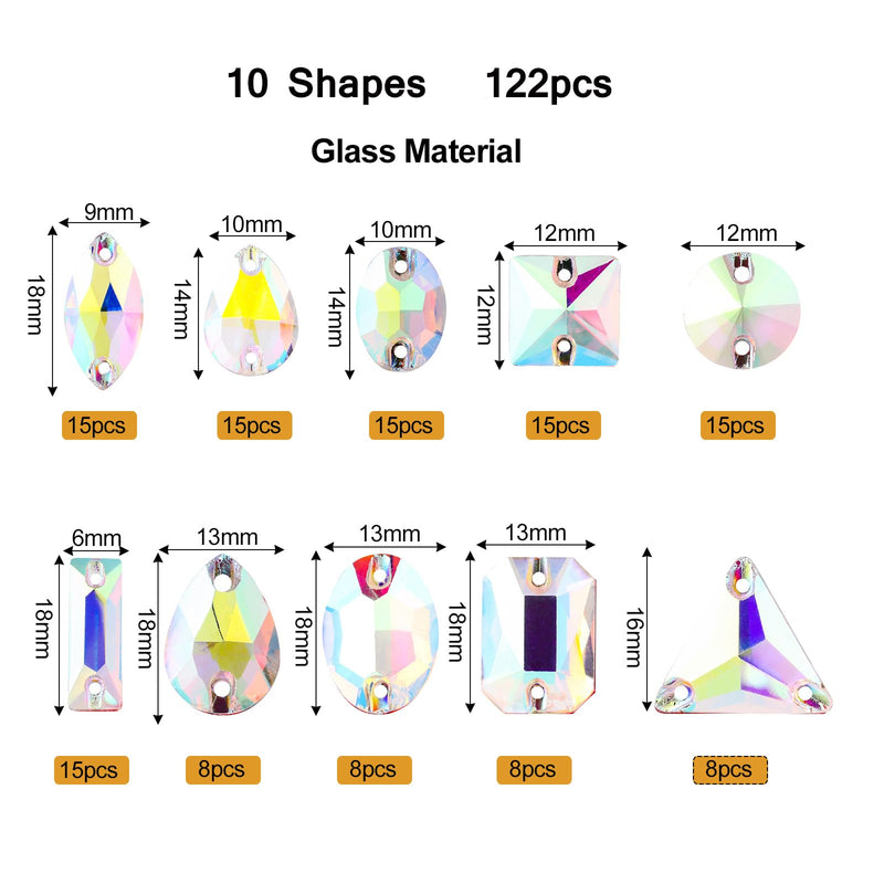 SWTHONY 122pcs AB Sew on Rhinestones for Crafting Mixed Shapes, Large Crystal Glass Gems Silver Plated Flatback Rhinestones Jewels for Crafts Clothes Fabric AB Coated