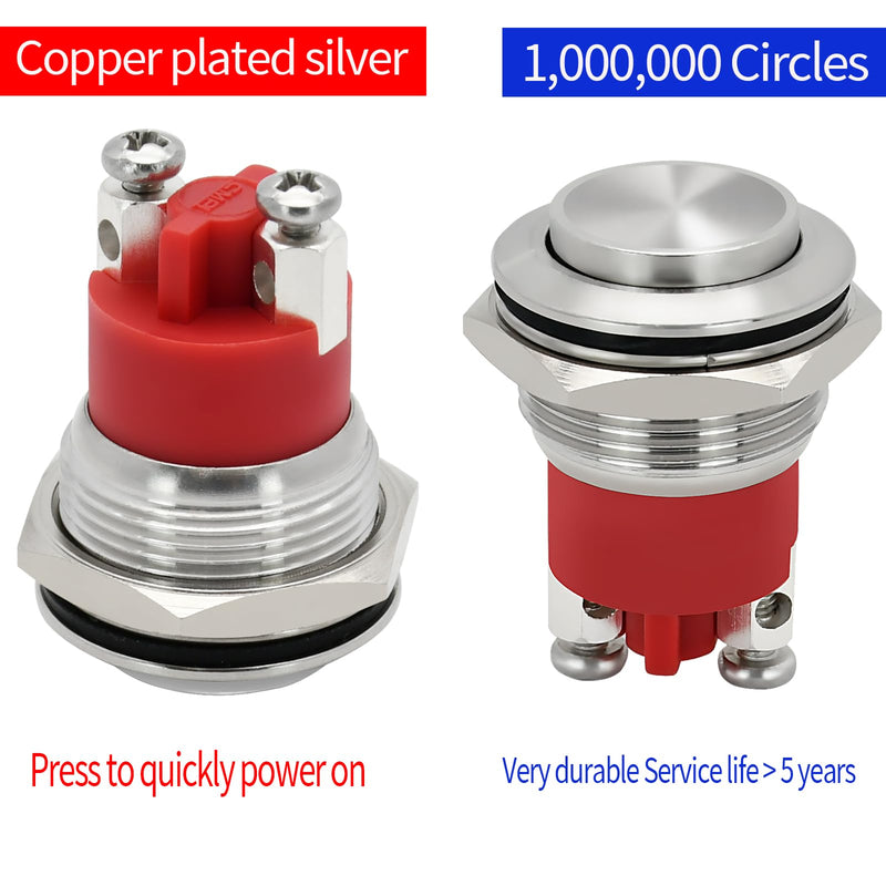 5Pcs IP68 Waterproof, 19mm Momentary Push Button Switch, 5 Amp 316 Stainless Steel, High Top 5V- 250V AC/DC 1NO SPST for Car, Ships or Sea Silver High Round IP68 Waterproof 5Pcs