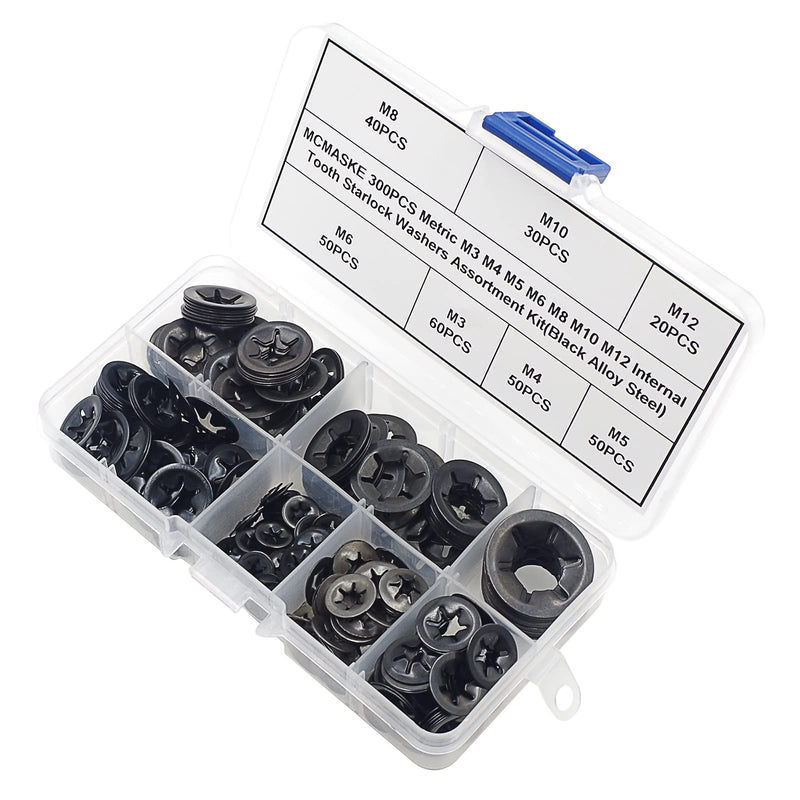 300PCS Metric M3 M4 M5 M6 M8 M10 M12 Internal Tooth Starlock Washers Assortment Kit;External Push Rings; Push On Washers;Push Nuts for Unthreaded Shafts