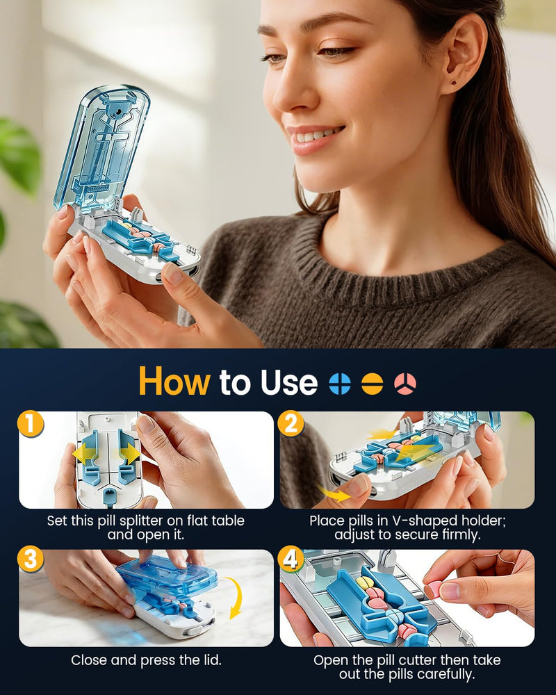 Professional Pill Cutter for Small Pills, 3-in-1 Pill Cutter Splitter for Small or Large Pills- Safely Cuts 1/2, 1/3, and 1/4 Multiple Pills Splitter, Adjustable Pill Cutter with Storage Box (Blue) Blue