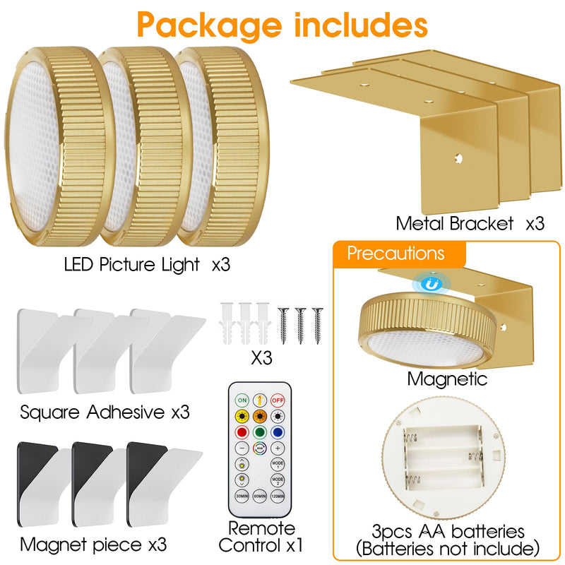 RGB Magnetic Suction Spotlight - Battery-Powered, Wireless, Remote Control with Adjustable Timer for Art Displays and Galleries 3 Pack Gold - NewNest Australia