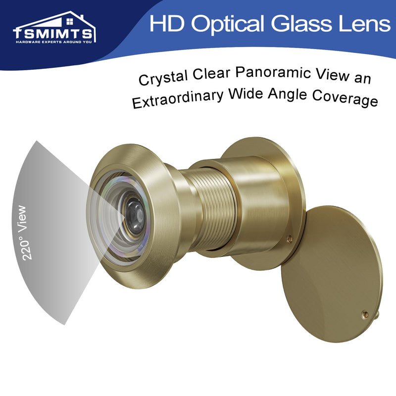 Door Viewer Peephole, Solid Brass 220 Degree HD Door Viewer, with 1-7/64″ (28mm) Drill Bit and Privacy Cover, Compatible with Door Thick from 1-21/32" to 2-1/8" Satin Gold Finish