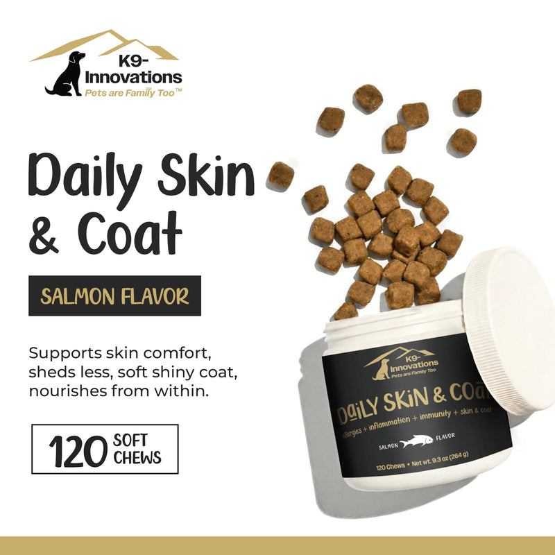 K9-Innovations - Daily Skin & Coat Dog Chews Salmon Flavor - Reduce Itching & Paw Chewing, Omega 3 & VIT C for Skin Health - 1-4 Month Supply (120qty)