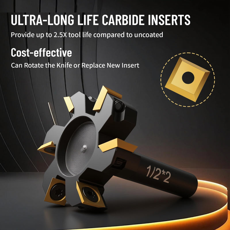 CNC Slab Flattening Router Bit, 1/2 Shank,Surfacing Bits 2" Cutting Dia. Carbide Insert Planer Bit for Spoilboard Flattening, Spoilboard Surfacing Router Bit, 6 Wings Carbide Insert 1/2" Shank, 2" Cutting Diameter,6 Wings