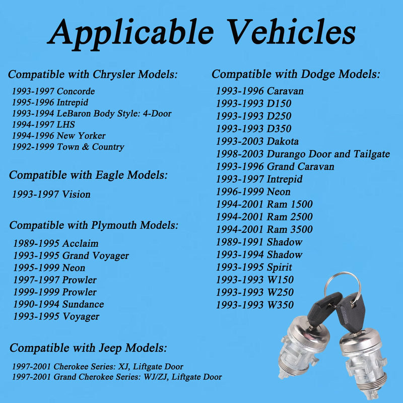 Door Lock Cylinder Set Compatible with Chrysler Dodge Eagle Jeep & Plymouth Vehicles, Front Side Door Lock Cylinder Replace# 4723484