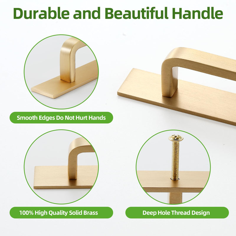 Solid Brass Cabinet Pull with Backplate, 2 Pack Brushed Gold Modern Drawer Handle for Cabinets Drawers and Wardrobes（2, Brushed Gold, 3 Inch(76mm) Hole Centers