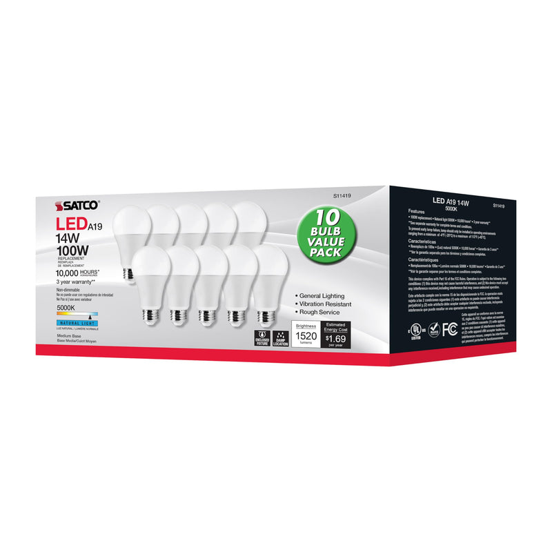 Satco S11419 14-Watt A19 LED Light Bulbs, 100-Watt Replacement, 5000K Natural Light, 1600 Lumens, 10 Pack 10 Count (Pack of 1)