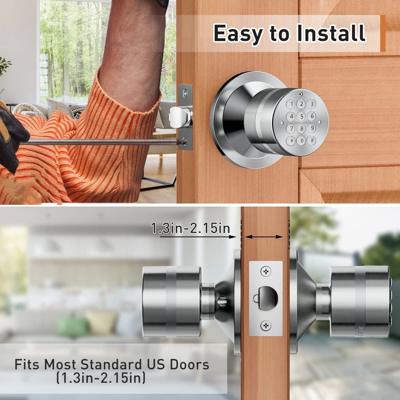 Signstek Keyless Entry Door Lock, Door Knob with Keypad, Smart Code Door Lock, Mute Mode, Passage Function, Easy to Install, Satin Nickel