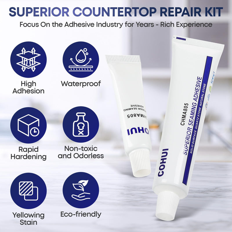 Marble and Granite Repair Kit (White) - 30-Min Quick-Drying Quartz Countertop Repair Kit on Quartz, Marble, Porcelain and Other Stone Surfaces - Granite Sealer for Edge Chips Cracks Scratches Holes Marble and Granite Repair Kit (White)