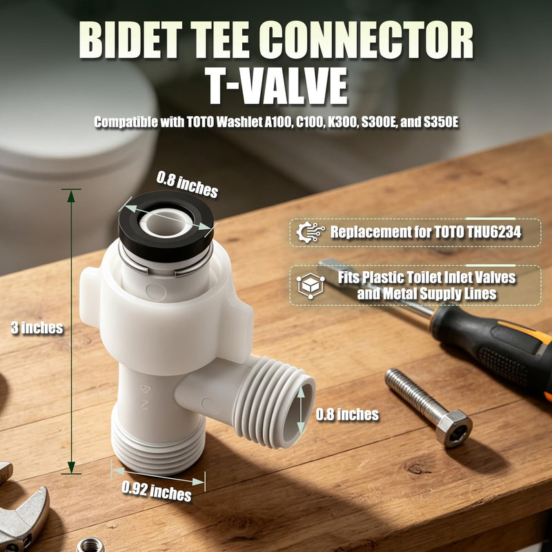 Bidet Tee Connector, T Valve THU6234 For TOTO WASHLET T-Connector,7/8 inch Toilet T Adapter for Washlet A100, C100, K300,S300E,S350E (7/8” x 7/8” x 1/4”)