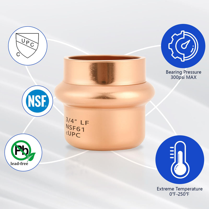 10-Pack YVSKM 3/4" Copper Press Cap, Lead-Free Copper Pipe Fitting End Cap for Press Plumbing Systems, Hot & Cold Water, Potable Water Applications 3/4 inch 10-pack