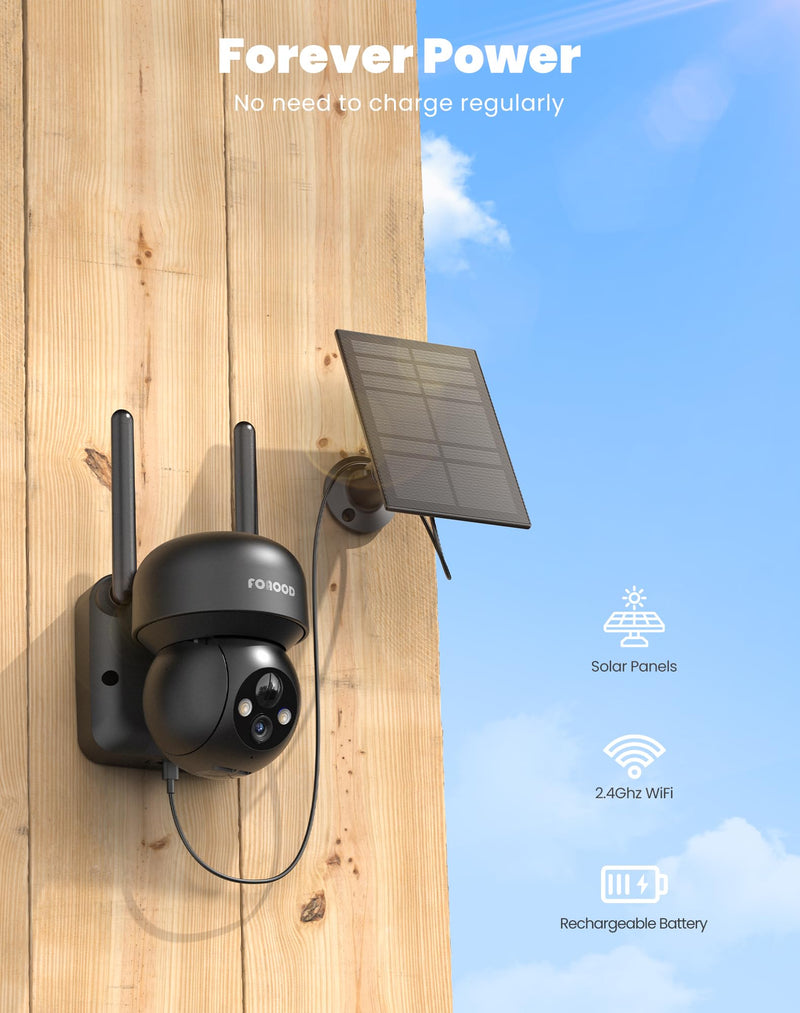 Solar Security Cameras Wireless Outdoor - Battery Power Cameras for Home Security Wifi Cameras Outside Surveillance Camera PTZ 360° Camera System with Floodlight Color Night Vision Motion Sensor Alarm 1Pcs-Black