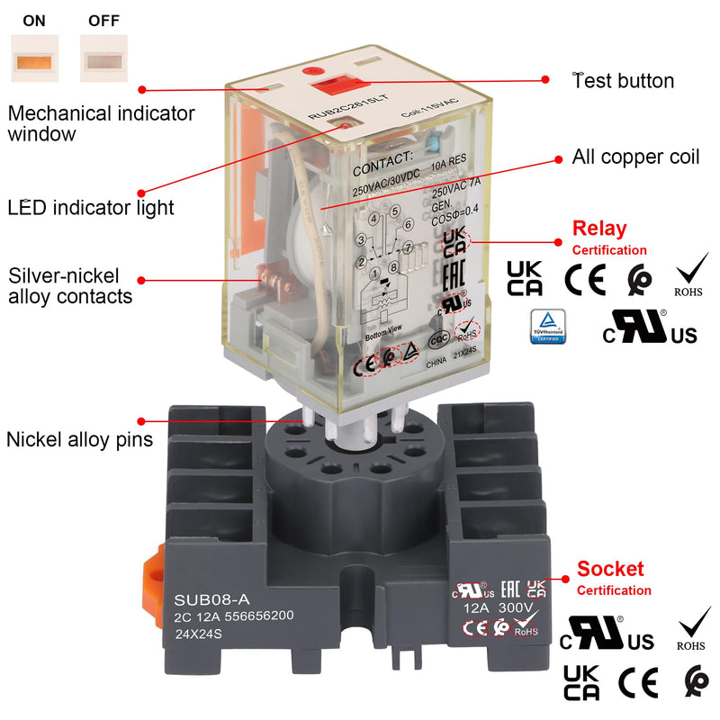 Power Relay MK2P-I Type RUB2C2615LT, AC 120V Coil, 8Pin 2NO 2NC DPDT, with LED Indicator Light and Test Button, Plug-in Terminal Socket Base, UL Certification (AC 110V) AC 110V