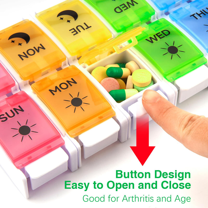 DailyRest Pill Organizer 2 Times a Day, 1 Pack Day Night Pill Case, Detachable Push Button Design, Large Compartment Weekly 7 Day Pill Box, Medicine Organizer for Fish Oil/Vitamins/Supplements 7 Colours