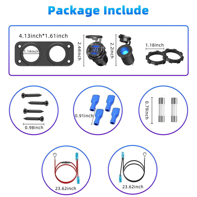 12V USB Outlet,2 in 1 Marine Switch Panel,Aluminum Alloy PD3.0 and Dual QC3.0 Multi Ports Car Charger with LED Voltmeter Power Switch, 120W Cigarette Lighter Socket, for Boat Truck RV 2in1 Dual QC3.0 and PD3.0