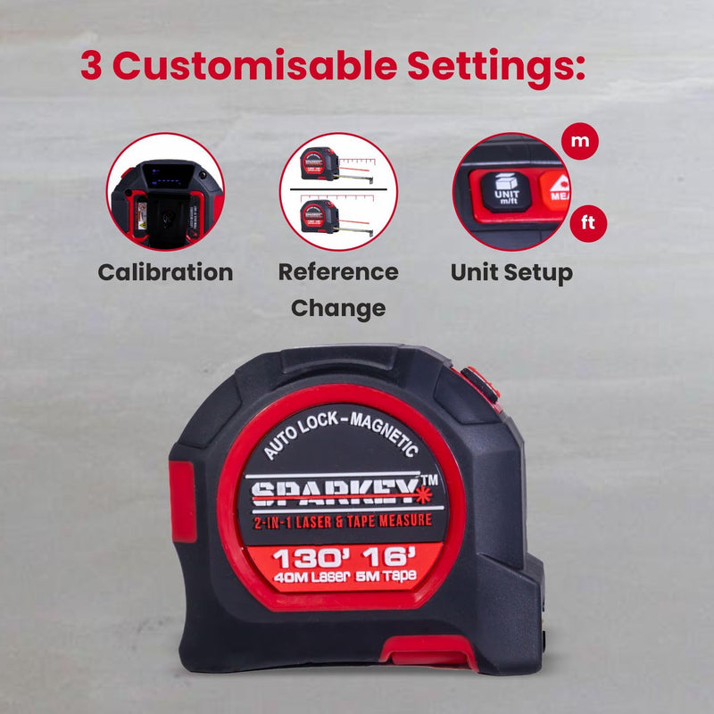 SPARKEY 2-in-1 Laser Tape Measure, 130Ft Laser Distance Measurement, Area/Volume & 16Ft Tape Measuring, Magnetic Hook, USB Rechargeable, Auto Lock, M/Ft/in/Ft+in, LCD Display. 0.5 m Laser Tape Measure 2 in 1