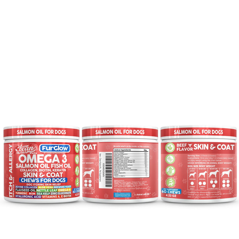 FurGlow Skin and Coat Supplement for Dogs Salmon Oil Omega 3 Fish Oil Turmeric Collagen Aloe Vera Flaxseed Oil Hyaluronic Acid Biotin Keratin Aloe Vera Allergy Relief Beef Flavor | Clean Nutra Pets
