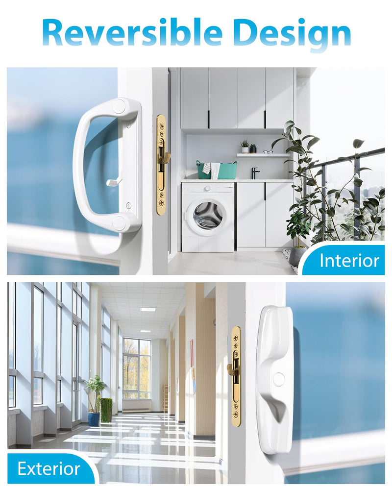 Probrico Patio Sliding Door Handle Set with Mortise Lock, Non-Keyed Sliding Glass Door Handles Replacement 45°, Reversible White Sliding Door Lock Set 3-15/16" Hole Spacing, 1" to 2" Thick Doors Handles(Non-Keyed) + Mortise Lock