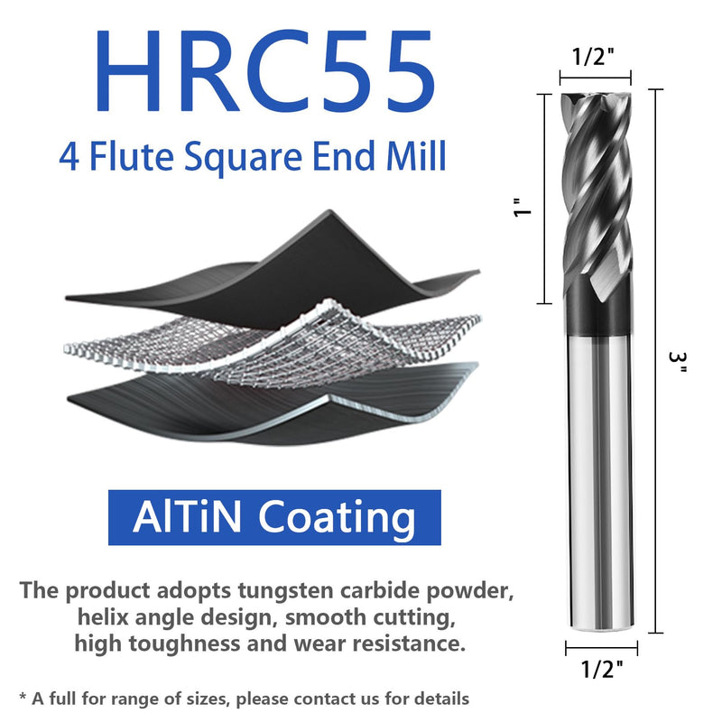 1/2" Carbide End Mill Bits Set for Alloy & Hardened Steels - Hrc55 Micro Grain, 4-Flute Milling Cutter with AlTiN Coating, CNC Router Bits, High-Performance Milling Bits 1/2 in