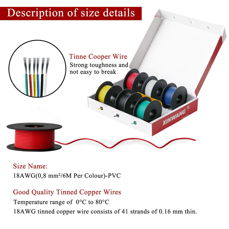 Electrical Wire,18 Gauge Wire,18 awg Wire-XINWANG 18 Gauge Stranded Tinned Copper Wire with PVC Insulation((OD:2.0 mm) 6 Colors,20ft Each, Hook Up Wire Kit 18AWG20FT-PVC