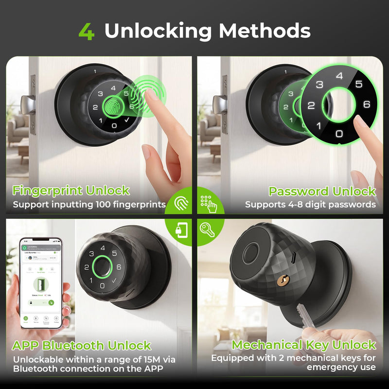 Smart Fingerprint Password Door Lock, Biometric Keyboard Door Knob Support 15M App Control & Auto Lock, 4-in-1 Rechargeable Door Lock with 2Keys for Home Office Apartment (Diameter 2.28"), Black