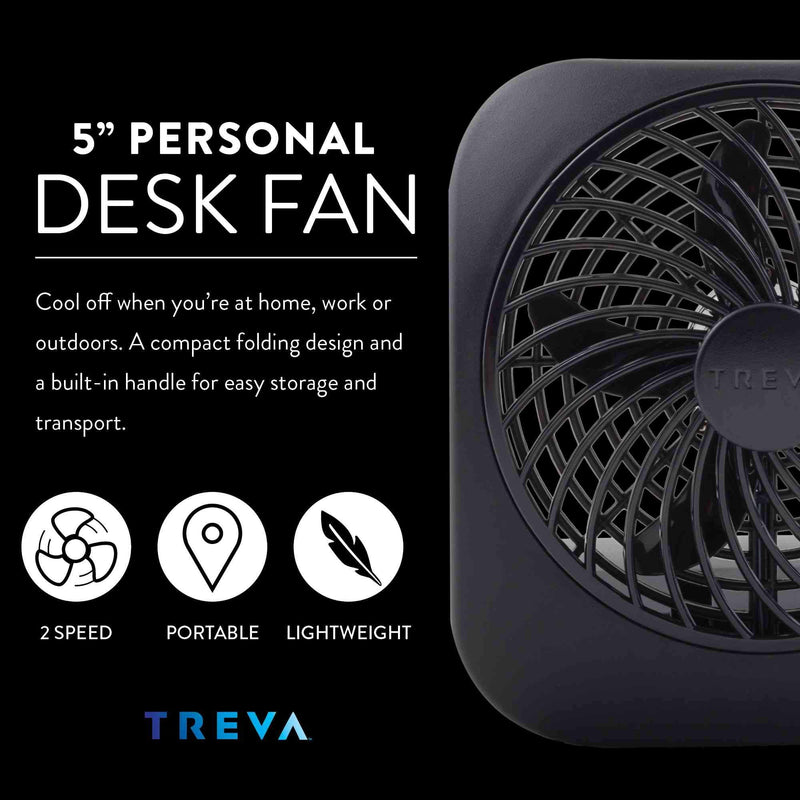 Treva 5 Inch Battery Powered Fan Portable Desk Fan 2 Cooling Speeds with Compact Folding & Tilt Design Cubicle Accessories Small Portable 2 Pack (Black) Black 2 Units