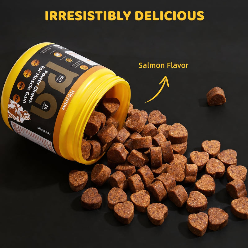 4-in-1 Muscle Gain Chews for Dogs: High Protein Supplement with BCAAs, Glucosamine & Salmon Oil – Premium Muscle Builder for All Breeds, Puppies to Senior – Salmon Flavor Soft Chews, 100 Tabs Black