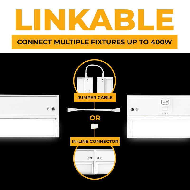LED Under Cabinet Lighting Hardwired - 3CCT 18 Inch White Finish - Undercabinet Lights for Kitchen - Linkable Undercounter Dimmable Plug in Light or Hard Wired - Under Counter Fixture Direct Wire