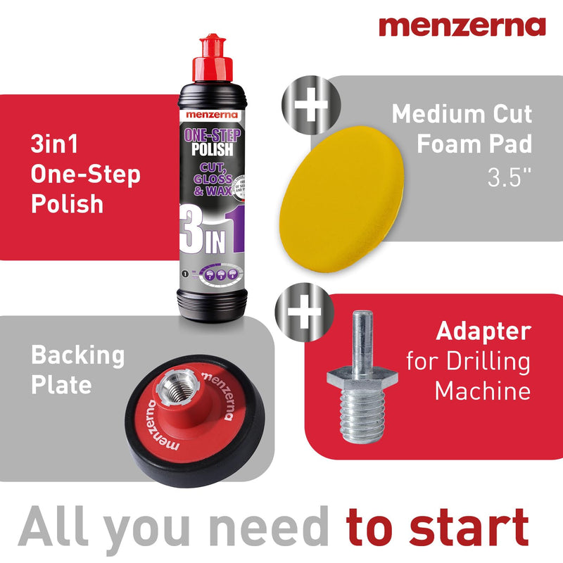 menzerna 3in1 Polishing Set – One-Step Polish (8oz) + Drill Machine Adapter + Medium Cut Pad | Polish Your Car with a Cordless Drill Adapter Set