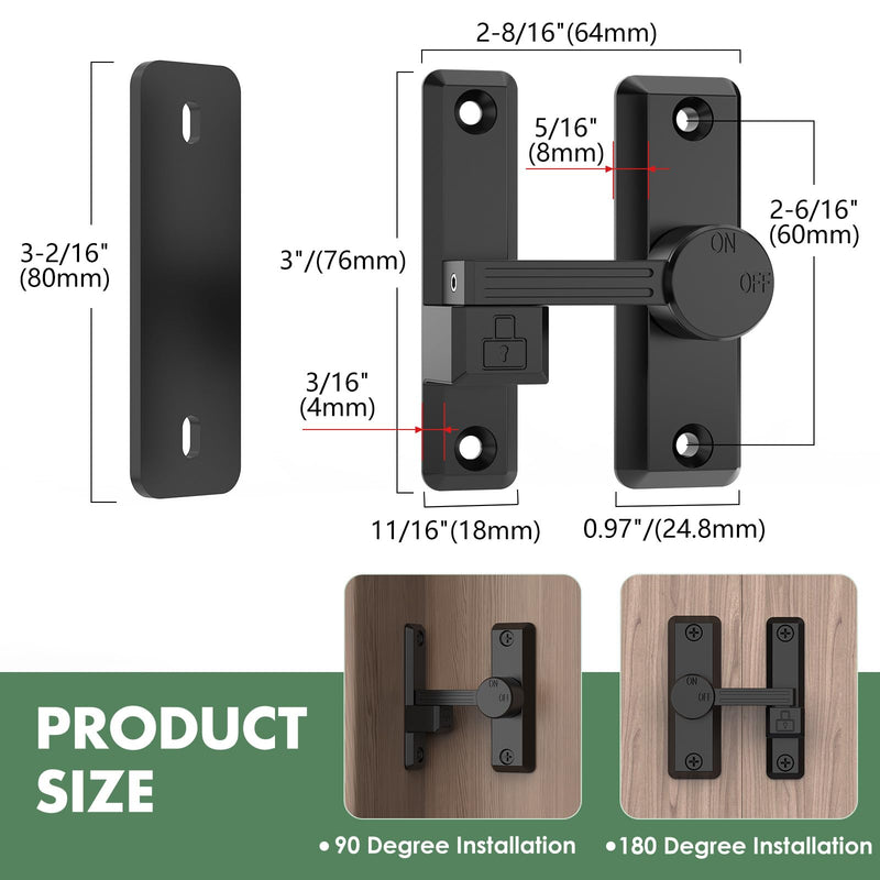 Barn Door Lock Latch, 90/180 Degree Flip Sliding Door Latch for Garage, Bedroom, Cabinet, Sturdy Zinc Alloy Security 90 Degree Lock (Black-2 Pcs) Black-2 pcs