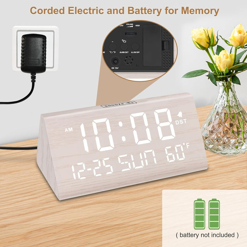 JALL Digital Alarm Clock, with Wooden Electronic LED Time Display, 3 Alarm Settings, Weekday/Weekend Mode, Temperature Detect, Wood Made Electric Clocks for Office, Bedroom, Bedside White-date