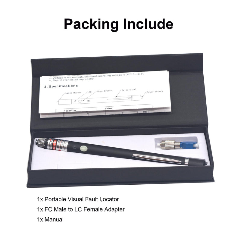 10KM Portable Visual Fault Locator VFL Fiber Optic Cable Checker Tester Universal Connector with FC Male to LC Female Adapter for CATV Telecommunication VMT-VFL650-10Km