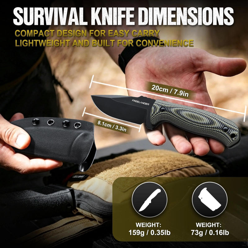 Freelander Fixed Blade Knife with Kydex Sheath, D2 Steel Outdoor Survival Knife, Full Tang EDC Camping Knives with G10 Handle, 3.15 inch Compact Bushcraft Hunting Knives for Men, Gray Green 3.17IN