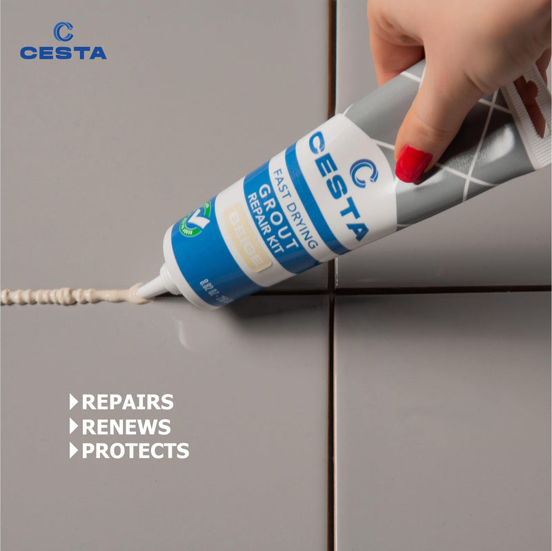 Cesta Tile Grout Repair Kit – Squeeze Tube, Fast Drying, Waterproof Tile Grout Paint to Restore & Renew Tile Joints Line for Bathroom, Kitchen, Shower & Floor Tile (Beige, 8.8 oz) Beige