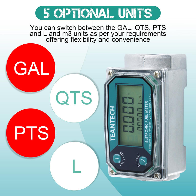 1Pack 1 in Digital Turbine Fuel Flow Meter with 3/4 in Adapters, High Accuracy Diesel Flow Meter with NPT Counter, Digital LCD with 5 Units, Auto Shut Off, for Gasoline/Kerosene/Water 1 inch & 3/4 inch Green