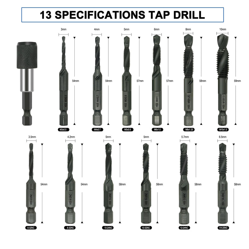 Combination Drill and Tap Bit Set with Quick-Change Adapter of 13Pcs, 6 SAE Sizes: 6-32NC to 1/4-20NC, 6 Metric Sizes: M3 to M10,Suitable for Drilling Tapping Threading Countersinking