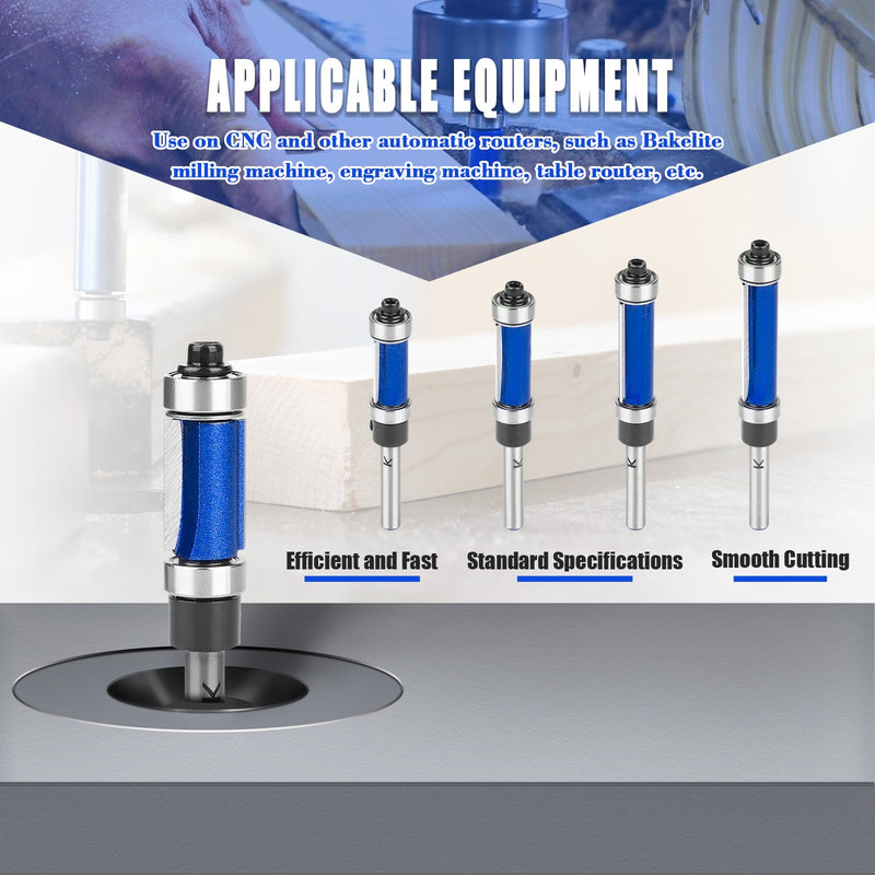 4Pcs Top and Bottom Bearing Flush Trim Router Bits Set 1/4 Inch Shank, Carbide Pattern Flush Trim Cut Router bit, 1/2 Inch Cutting Diameter, 3/4", 1", 1-1/4", 1-1/2" Inch Cutting Length 4Pcs Bits Set -1/4" Shank Top and Bottom Bearing Flush Trim Bits