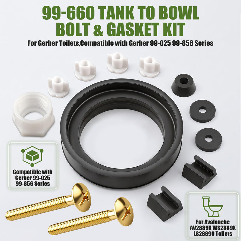 99-660 Tank to Bowl Bolt & Gasket Kit for Gerber Toilets,Compatible with Gerber 99-025 99-856 Series, for Avalanche AV2889X WS2889X LS28890 Toilets, Gerber Toilet Replacement Parts